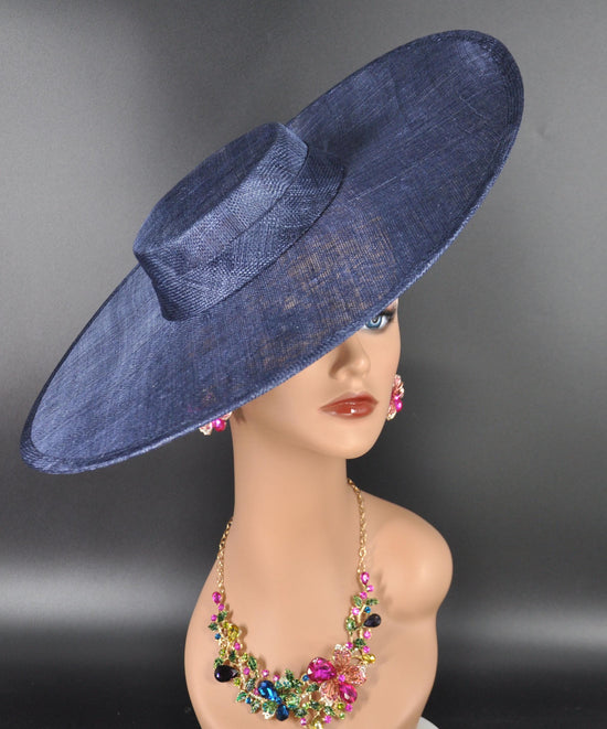 Navy Blue Wide Brim Sinamay Fascinator Hat Ascot Royal Hat for Wedding Race Day Kentucky Derby Party Mother of the Bride