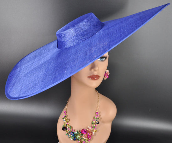 Royal Blue Wide Brim Sinamay Fascinator Hat Ascot Royal Hat for Wedding Race Day Kentucky Derby Party Mother of the Bride Studio Photoshoot