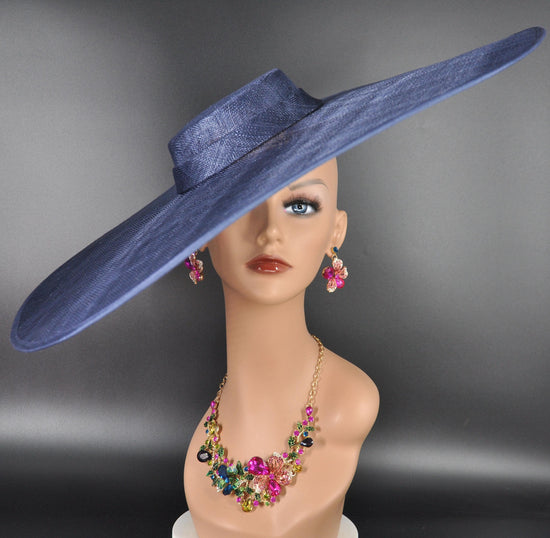 Navy Blue Wide Brim Sinamay Fascinator Hat Ascot Royal Hat for Wedding Race Day Kentucky Derby Party Mother of the Bride Studio Photoshoot