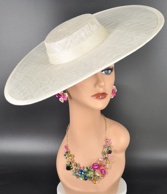Ivory/ Off White Wide Brim Sinamay Fascinator Hat Ascot Royal Hat for Wedding Race Day Kentucky Derby Party Mother of the Bride