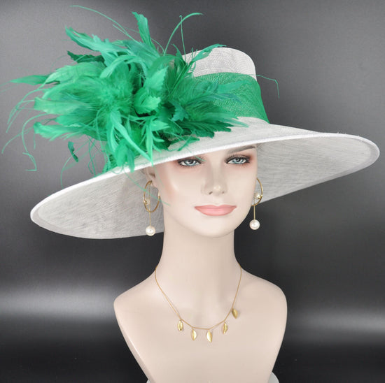 Wide Brim Sinamay Hat for Kentucky Derby,Ascot Royal, Tea Garden Party,Easter Day,Mother of The Bride Elegant Occasion Hat White Kelly Green