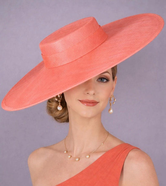 Coral Pink/Water Melon Color Wide Brim Sinamay Fascinator Hat Ascot Royal Hat for Wedding Race Day Kentucky Derby Party Mother of the Bride