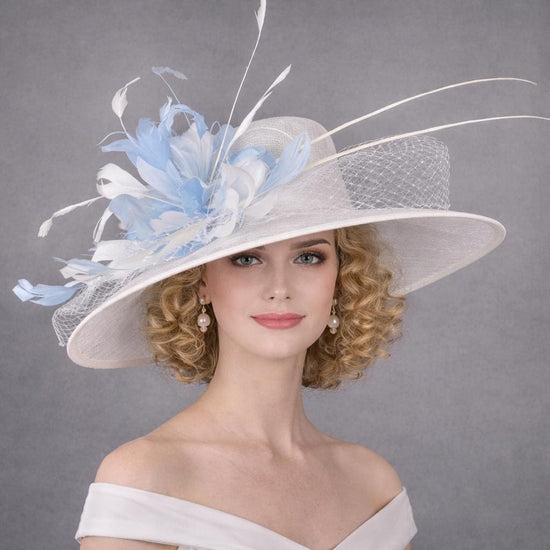 White Light Blue Wide Brim Kentucky Derby Hat, Ascot Hat for Wedding & Tea Party, Garden Party Hat, Mother of the Bride, Church