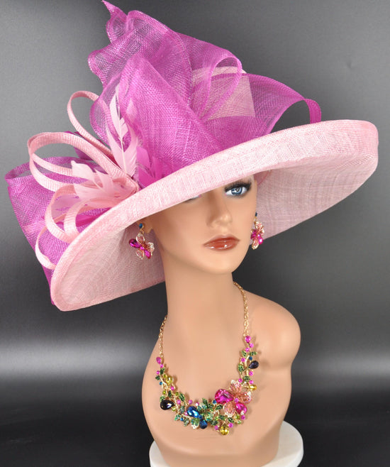 Wide Brim Sinamay Hat for Kentucky Derby, Ascot Racing Hat, Elegant Wedding Guest Hat, Mother of the Bride Hat Baby Pink Fuchsia Pink