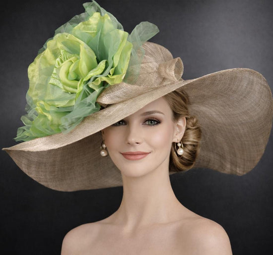 Wide Brim Kentucky Derby Hat, Ascot Hat for Wedding & Tea Party, Garden Party Hat, Mother of the Bride, Church- Taupe w Green