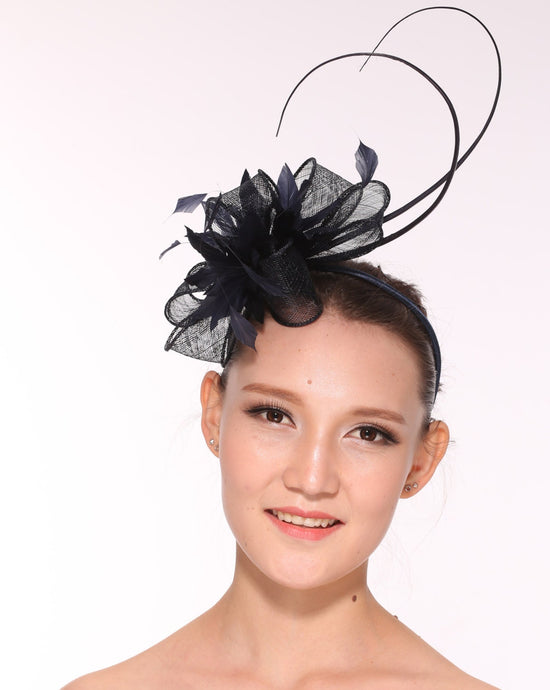 DerbyFeather Floral Sinamay Headband Fascinator Cocktail Navy Blue