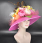 Fuchsia Pink Flower Styles Wide Brim Kentucky Derby Hat, Ascot Hat for Wedding & Tea Party, Garden Party Hat, Mother of the Bride, Church
