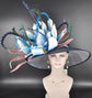 Navy Blue Sinamay Derby Hat: White & Teal Flower, Feather Accents