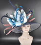 Navy Blue Sinamay Derby Hat: White & Teal Flower, Feather Accents