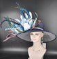 Navy Blue Sinamay Derby Hat: White & Teal Flower, Feather Accents