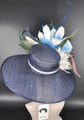 Navy Blue Sinamay Derby Hat: White & Teal Flower, Feather Accents