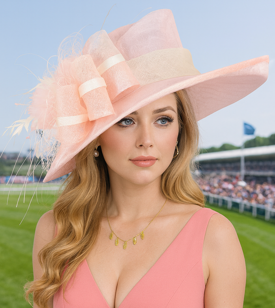 Baby Pink w Ivory Kentucky Derby Hat, Wide Brim Sinamay Hat  for Women, Royal Ascot Hat, Tea Party Hat, Wedding Guest Hat, Spring Racing Hat