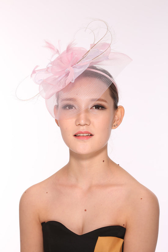 Kentucky Derby Wedding Feather Floral Organza Headband Fascinator  Hat Cocktail Pink With White