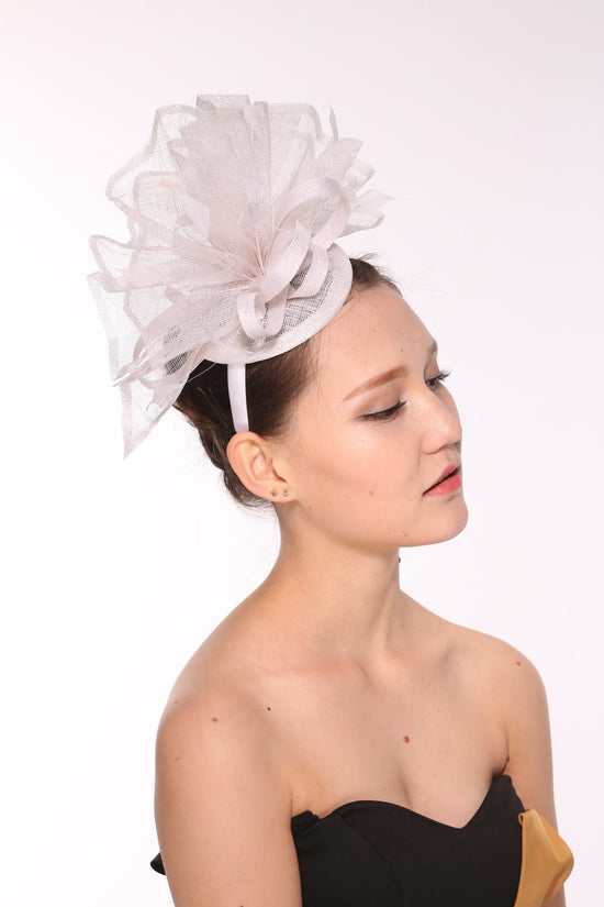 DerbyFeather Floral Sinamay Headband Fascinator Hat Cocktail  White