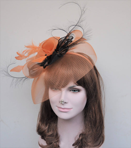 DerbyWedding Feather Floral Organza Headband Fascinator Hat Cocktail Orange with White