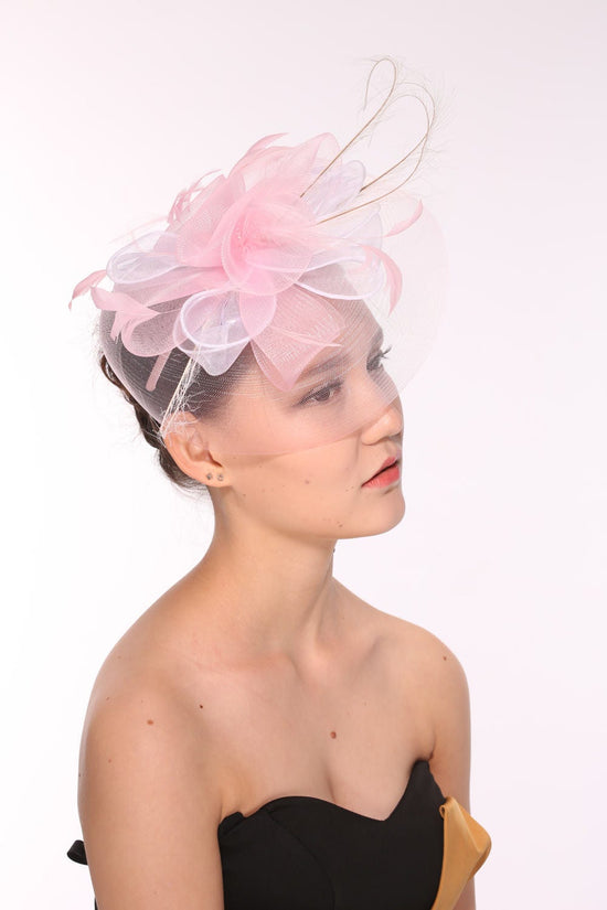 DerbyWedding Feather Floral Organza Headband Fascinator  Hat Cocktail Pink With White