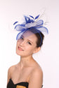 Kentucky Derby Wedding Feather Floral Organza Headband Fascinator Hat Cocktail Royal Blue With White