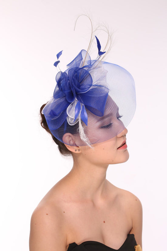 DerbyWedding Feather Floral Organza Headband Fascinator Hat Cocktail Royal Blue With White