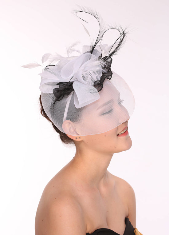 DerbyWedding Feather Floral Organza Headband Fascinator  Hat Cocktail White with Black