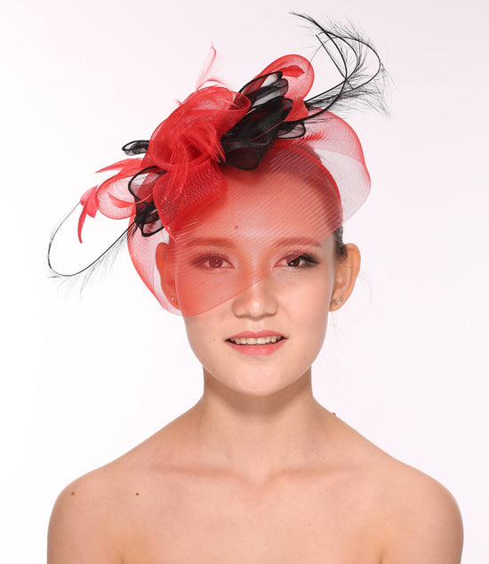 DerbyWedding Feather Floral Organza Headband Fascinator  Hat Cocktail Red with Black