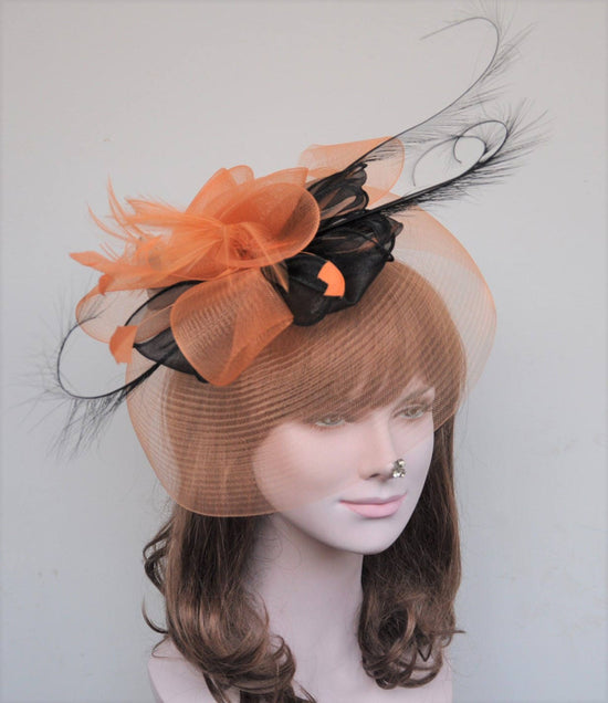 Kentucky Derby Wedding Feather Floral Organza Headband Fascinator Hat Cocktail Orange with White