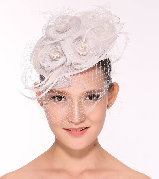 Fancy Sinamay Feathers Trio Floral Net Headband Fascinator Cocktail Hat Off White