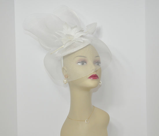 Kentucky Derby Wedding Feather Floral Organza w Sinamay Headband Fascinator Hat Cocktail White