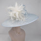 Powder Blue Sinamay Derby Hat: Feather Flowers, Wide Brim