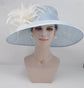 Powder Blue Sinamay Derby Hat: Feather Flowers, Wide Brim