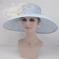 Powder Blue Sinamay Derby Hat: Feather Flowers, Wide Brim