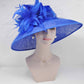 Royal Blue Kentucky Derby Hat: Feather Flowers, Wide Brim Sinamay