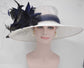 Church Kentucky Derby Carriage Tea Party Wedding Wide Brim  Royal Ascot Horse Race Oaks day hat White with Navy Blue