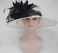 White Sinamay Derby Hat: Black Feather Flower, Wide Brim