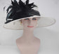 White Sinamay Kentucky Derby Hat: Black Feather Flower, Wide Brim