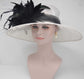 White Sinamay Derby Hat: Black Feather Flower, Wide Brim