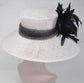 White Sinamay Derby Hat: Black Feather Flower, Wide Brim