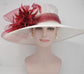 Wide Brim Sinamay Derby Hat: White & Burgundy Feather Flower