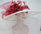 Wide Brim Sinamay Derby Hat: White & Burgundy Feather Flower