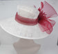 Wide Brim Sinamay Derby Hat: White & Burgundy Feather Flower
