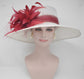Wide Brim Sinamay Derby Hat: White & Burgundy Feather Flower