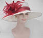 Wide Brim Sinamay Derby Hat: White & Burgundy Feather Flower