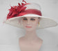 Wide Brim Sinamay Derby Hat: White & Burgundy Feather Flower