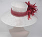 Wide Brim Sinamay Derby Hat: White & Burgundy Feather Flower