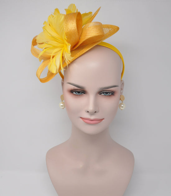 Derby Hat Feather Floral Sinamay Headband Fascinator Cocktail Yellow