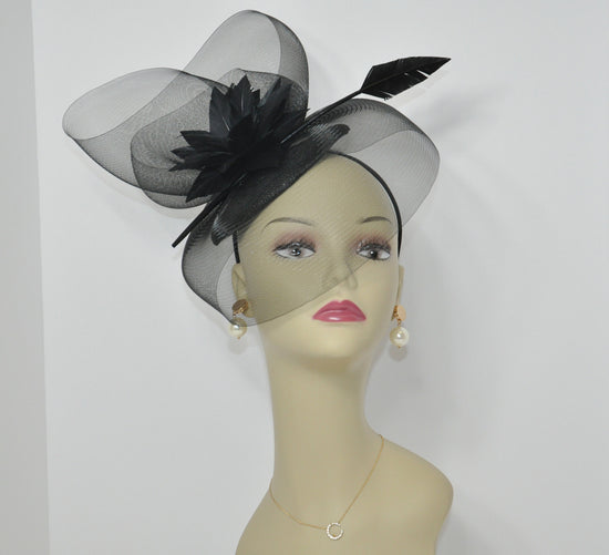 DerbyWedding Feather Floral Organza w Sinamay Headband Fascinator Hat Cocktail Black