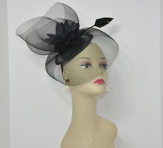 Kentucky Derby Wedding Feather Floral Organza w Sinamay Headband Fascinator Hat Cocktail Black