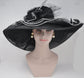 New Kentucky Derby Hat, Church, Wedding, Tea Party with Two Big Flower 4 Layers 7" Wide Brim Organza Hat( Black with White)