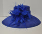 Royal Blue Derby Hat: Feather Flowers, Wide Brim Sinamay