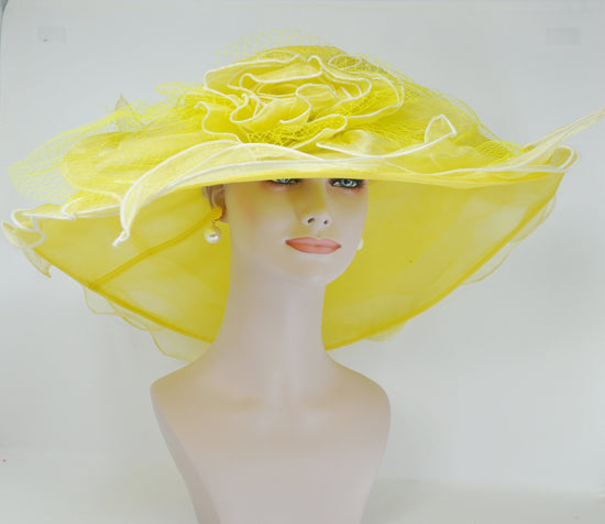 Wide Brim Yellow Derby Hat, Organza Flower, Tea Party Wedding