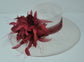 Wide Brim Sinamay Derby Hat: White & Burgundy Feather Flower